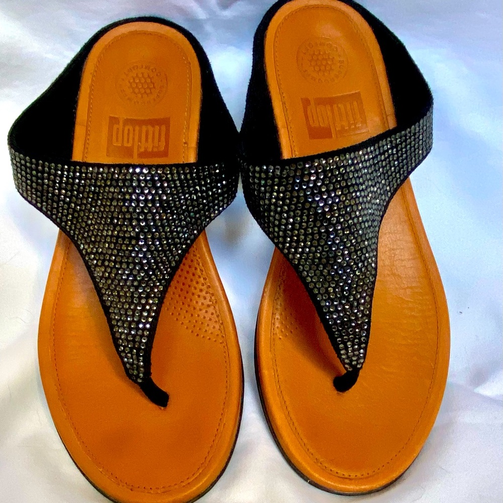 Fitflop N01-001 Banda Glitz Black Toe Thongs Sandals